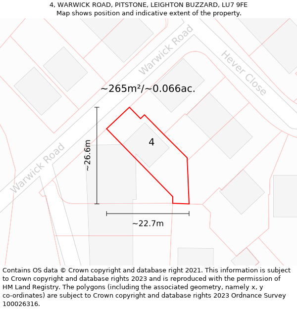 4, WARWICK ROAD, PITSTONE, LEIGHTON BUZZARD, LU7 9FE: Plot and title map