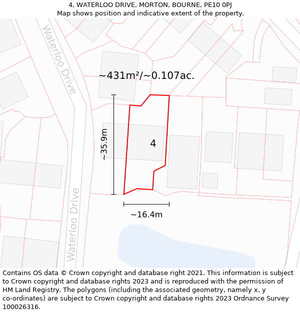 4, WATERLOO DRIVE, MORTON, BOURNE, PE10 0PJ: Plot and title map