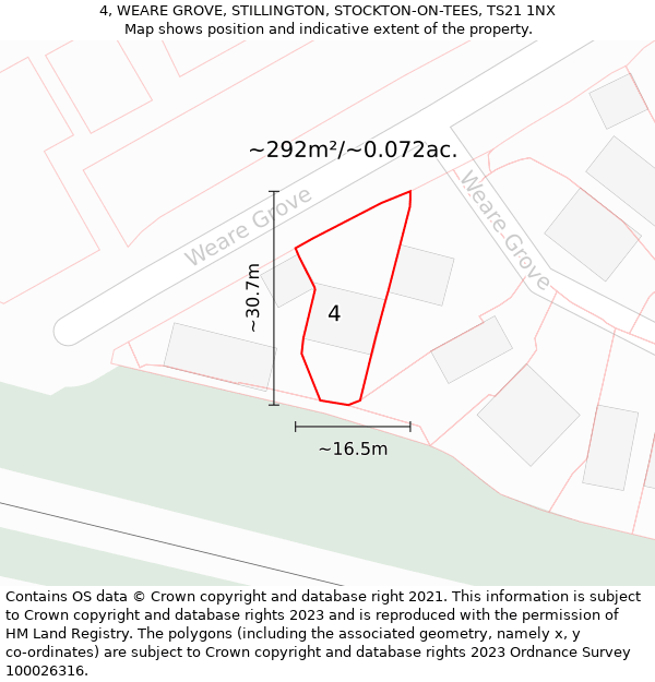 4, WEARE GROVE, STILLINGTON, STOCKTON-ON-TEES, TS21 1NX: Plot and title map