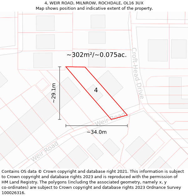 4, WEIR ROAD, MILNROW, ROCHDALE, OL16 3UX: Plot and title map