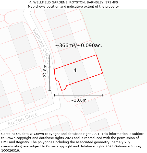 4, WELLFIELD GARDENS, ROYSTON, BARNSLEY, S71 4FS: Plot and title map