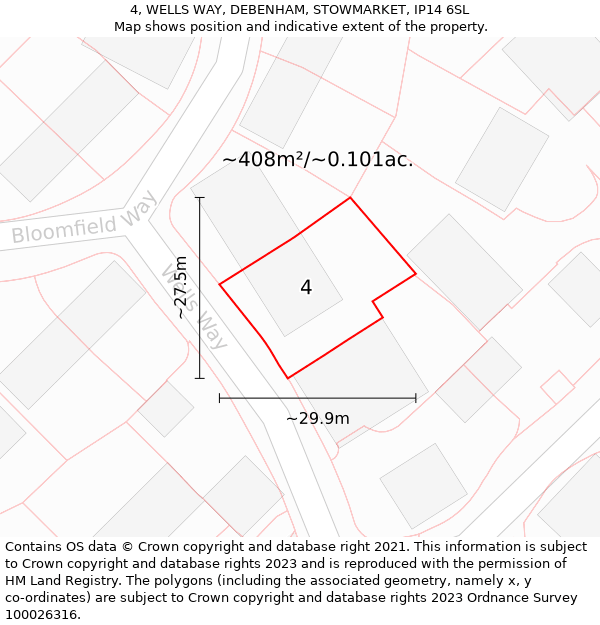 4, WELLS WAY, DEBENHAM, STOWMARKET, IP14 6SL: Plot and title map