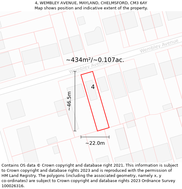 4, WEMBLEY AVENUE, MAYLAND, CHELMSFORD, CM3 6AY: Plot and title map