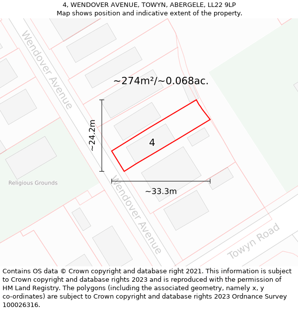 4, WENDOVER AVENUE, TOWYN, ABERGELE, LL22 9LP: Plot and title map