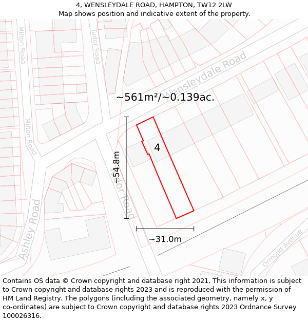 4, WENSLEYDALE ROAD, HAMPTON, TW12 2LW: Plot and title map