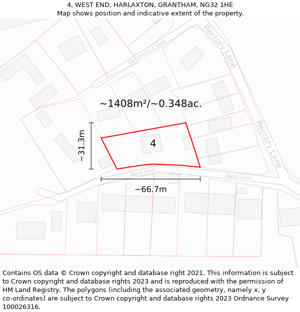 4, WEST END, HARLAXTON, GRANTHAM, NG32 1HE: Plot and title map