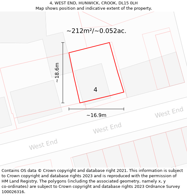 4, WEST END, HUNWICK, CROOK, DL15 0LH: Plot and title map