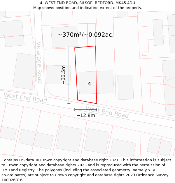 4, WEST END ROAD, SILSOE, BEDFORD, MK45 4DU: Plot and title map