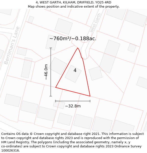 4, WEST GARTH, KILHAM, DRIFFIELD, YO25 4RD: Plot and title map