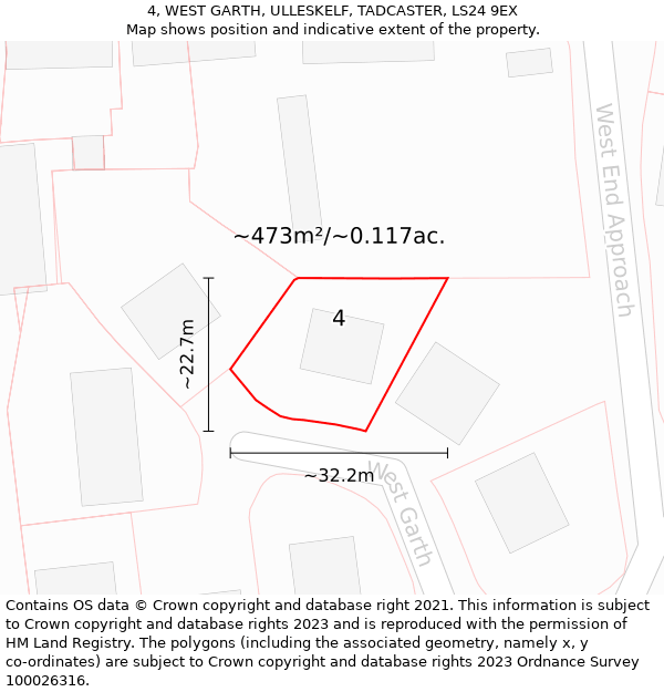 4, WEST GARTH, ULLESKELF, TADCASTER, LS24 9EX: Plot and title map