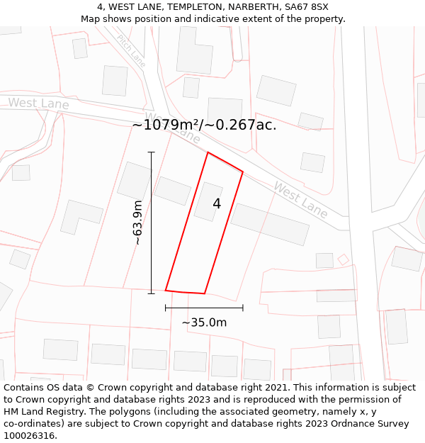 4, WEST LANE, TEMPLETON, NARBERTH, SA67 8SX: Plot and title map
