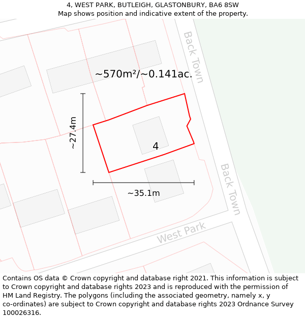 4, WEST PARK, BUTLEIGH, GLASTONBURY, BA6 8SW: Plot and title map