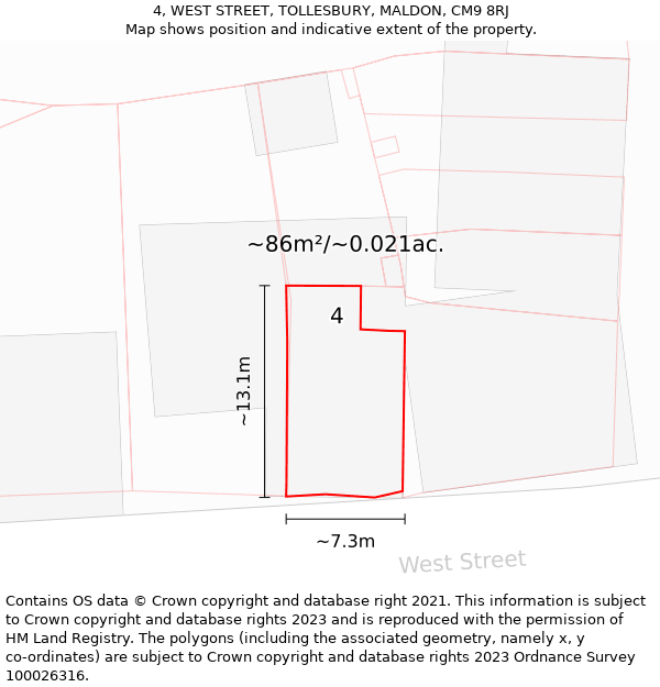 4, WEST STREET, TOLLESBURY, MALDON, CM9 8RJ: Plot and title map