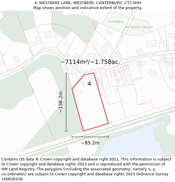 4, WESTBERE LANE, WESTBERE, CANTERBURY, CT2 0HH: Plot and title map