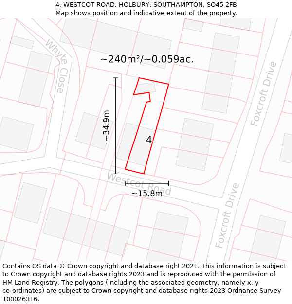 4, WESTCOT ROAD, HOLBURY, SOUTHAMPTON, SO45 2FB: Plot and title map