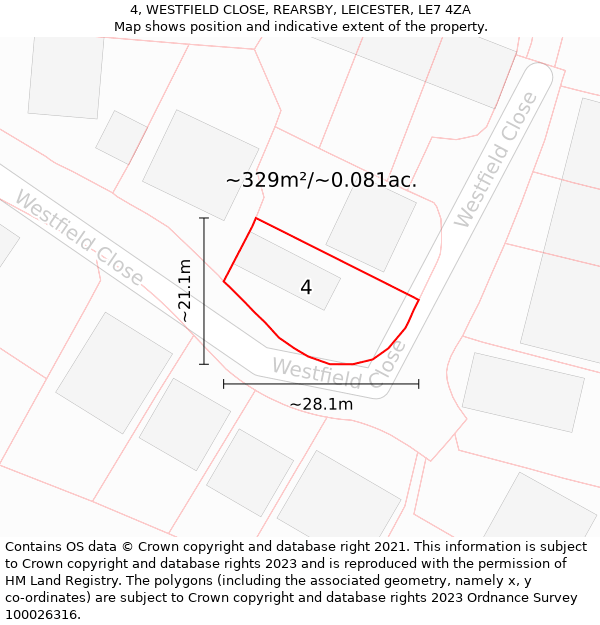 4, WESTFIELD CLOSE, REARSBY, LEICESTER, LE7 4ZA: Plot and title map