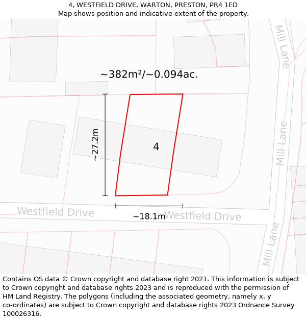 4, WESTFIELD DRIVE, WARTON, PRESTON, PR4 1ED: Plot and title map