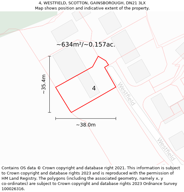 4, WESTFIELD, SCOTTON, GAINSBOROUGH, DN21 3LX: Plot and title map