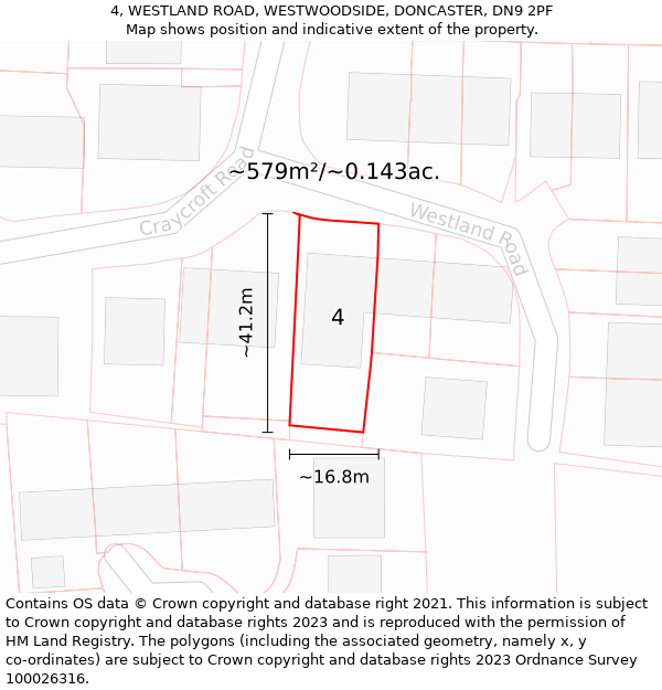 4, WESTLAND ROAD, WESTWOODSIDE, DONCASTER, DN9 2PF: Plot and title map