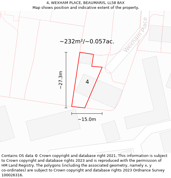 4, WEXHAM PLACE, BEAUMARIS, LL58 8AX: Plot and title map