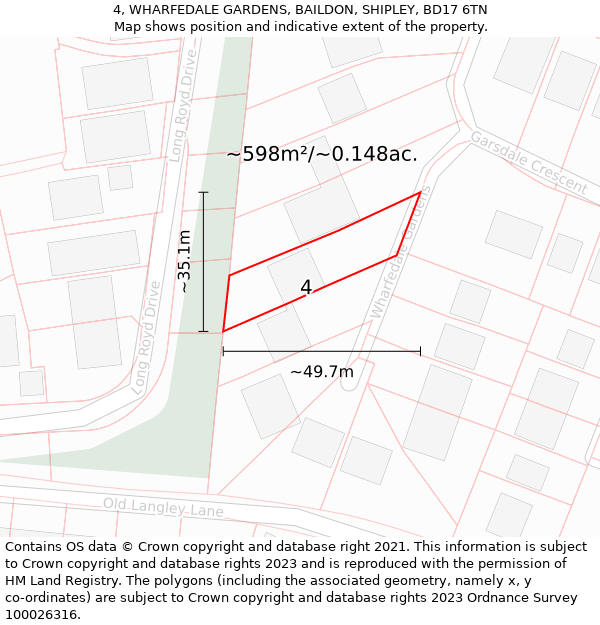 4, WHARFEDALE GARDENS, BAILDON, SHIPLEY, BD17 6TN: Plot and title map