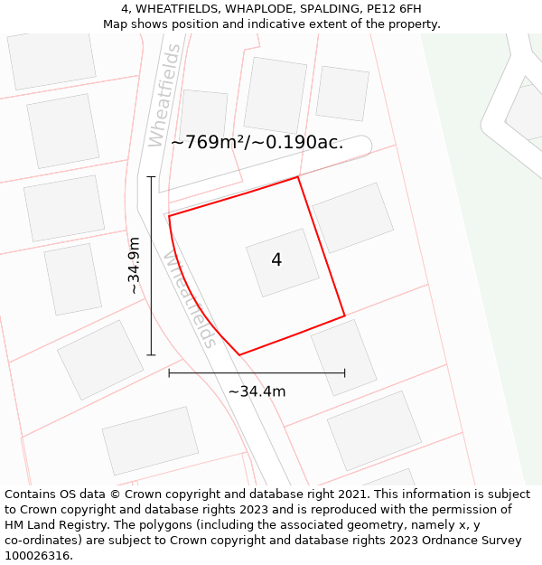 4, WHEATFIELDS, WHAPLODE, SPALDING, PE12 6FH: Plot and title map