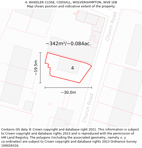 4, WHEELER CLOSE, CODSALL, WOLVERHAMPTON, WV8 1EB: Plot and title map