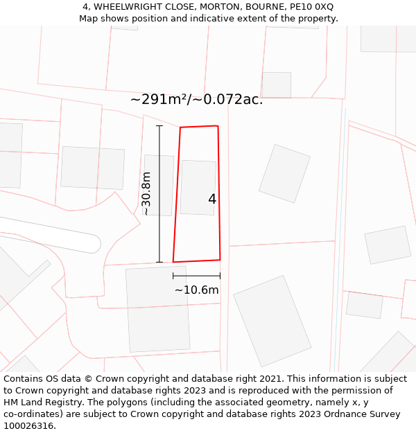 4, WHEELWRIGHT CLOSE, MORTON, BOURNE, PE10 0XQ: Plot and title map