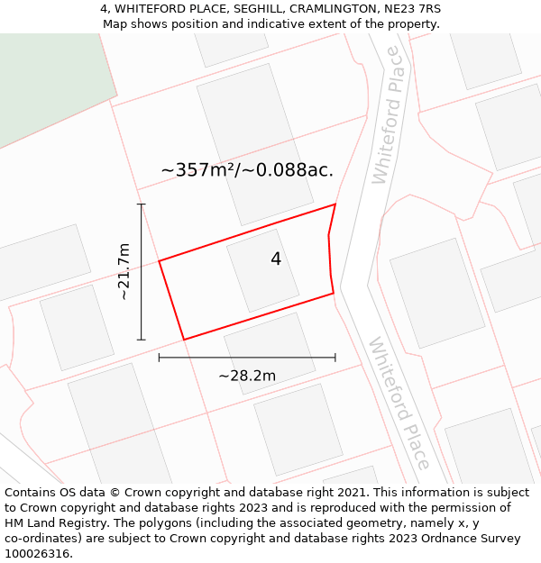 4, WHITEFORD PLACE, SEGHILL, CRAMLINGTON, NE23 7RS: Plot and title map