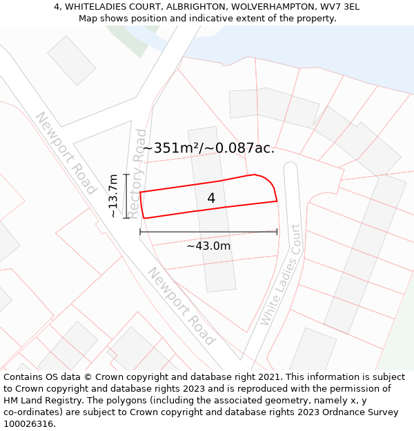 4, WHITELADIES COURT, ALBRIGHTON, WOLVERHAMPTON, WV7 3EL: Plot and title map
