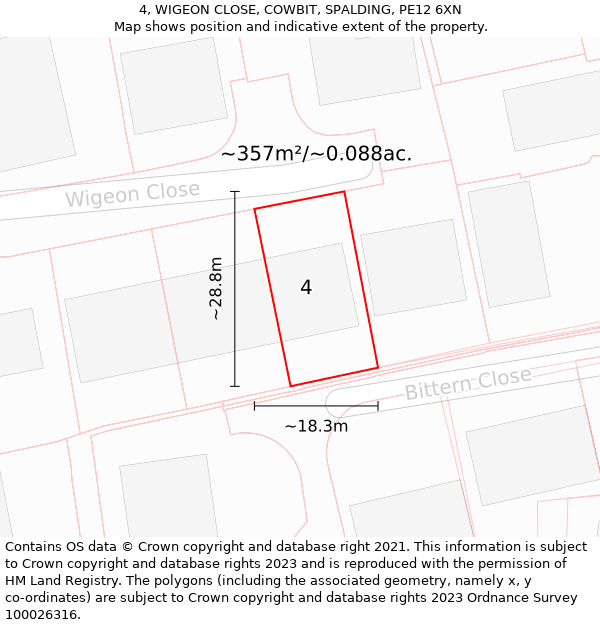 4, WIGEON CLOSE, COWBIT, SPALDING, PE12 6XN: Plot and title map