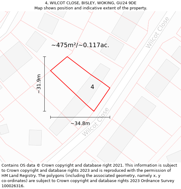 4, WILCOT CLOSE, BISLEY, WOKING, GU24 9DE: Plot and title map