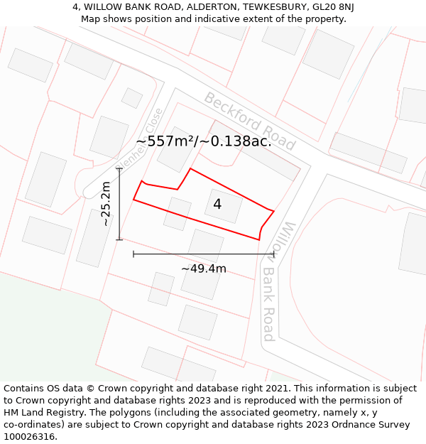 4, WILLOW BANK ROAD, ALDERTON, TEWKESBURY, GL20 8NJ: Plot and title map