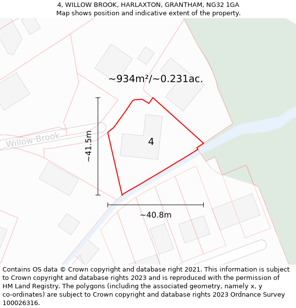 4, WILLOW BROOK, HARLAXTON, GRANTHAM, NG32 1GA: Plot and title map