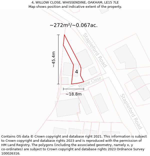 4, WILLOW CLOSE, WHISSENDINE, OAKHAM, LE15 7LE: Plot and title map