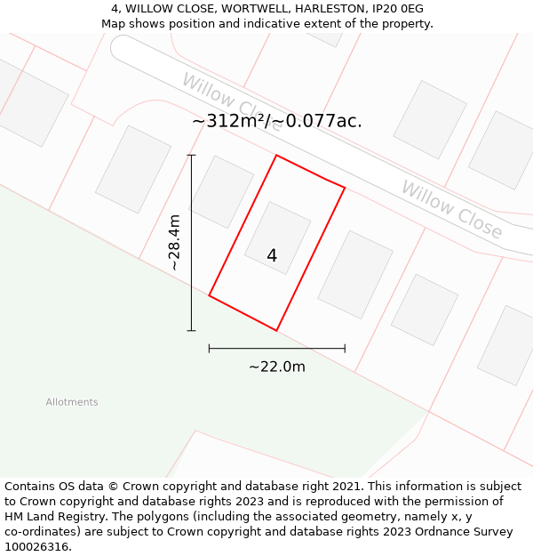 4, WILLOW CLOSE, WORTWELL, HARLESTON, IP20 0EG: Plot and title map