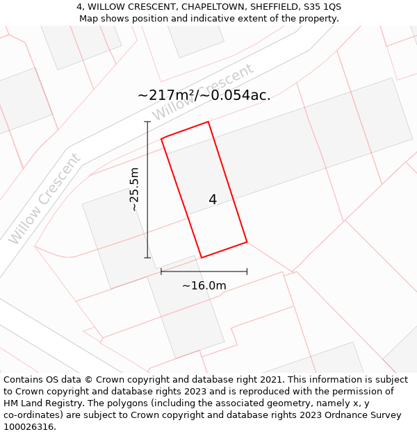 4, WILLOW CRESCENT, CHAPELTOWN, SHEFFIELD, S35 1QS: Plot and title map