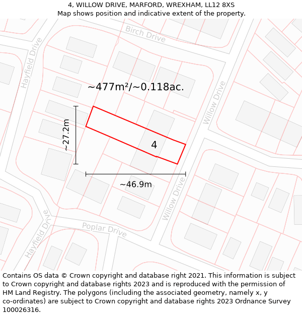 4, WILLOW DRIVE, MARFORD, WREXHAM, LL12 8XS: Plot and title map