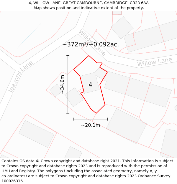 4, WILLOW LANE, GREAT CAMBOURNE, CAMBRIDGE, CB23 6AA: Plot and title map