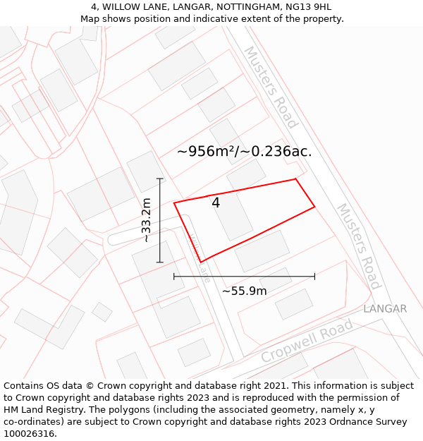 4, WILLOW LANE, LANGAR, NOTTINGHAM, NG13 9HL: Plot and title map