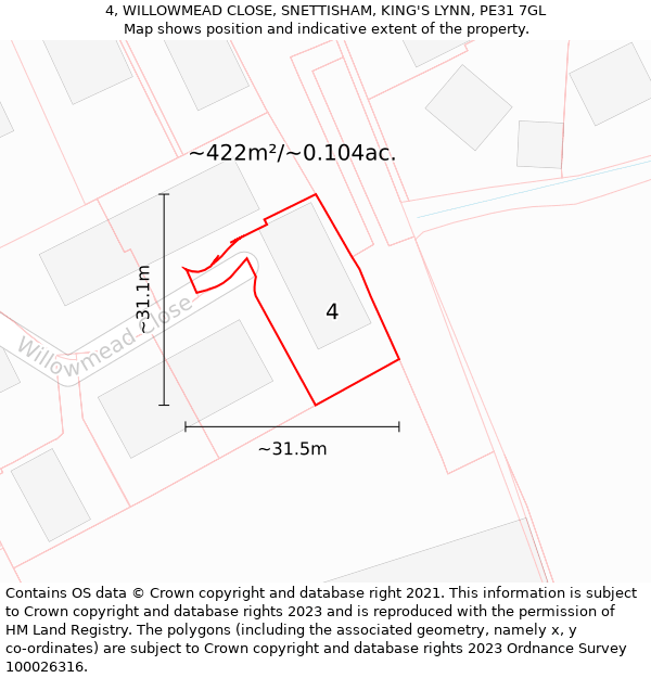 4, WILLOWMEAD CLOSE, SNETTISHAM, KING'S LYNN, PE31 7GL: Plot and title map