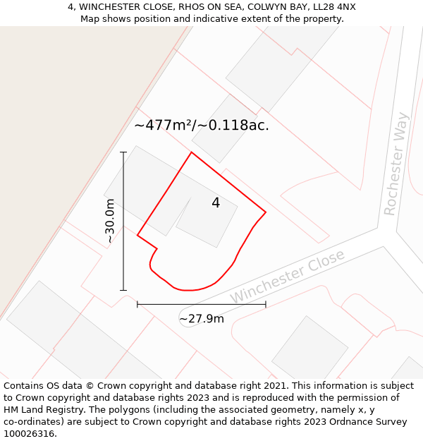 4, WINCHESTER CLOSE, RHOS ON SEA, COLWYN BAY, LL28 4NX: Plot and title map