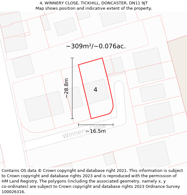 4, WINNERY CLOSE, TICKHILL, DONCASTER, DN11 9JT: Plot and title map