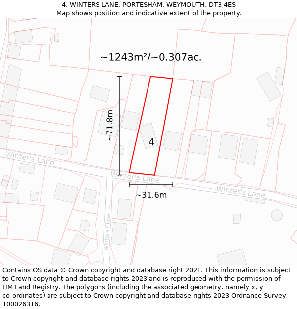 4, WINTERS LANE, PORTESHAM, WEYMOUTH, DT3 4ES: Plot and title map