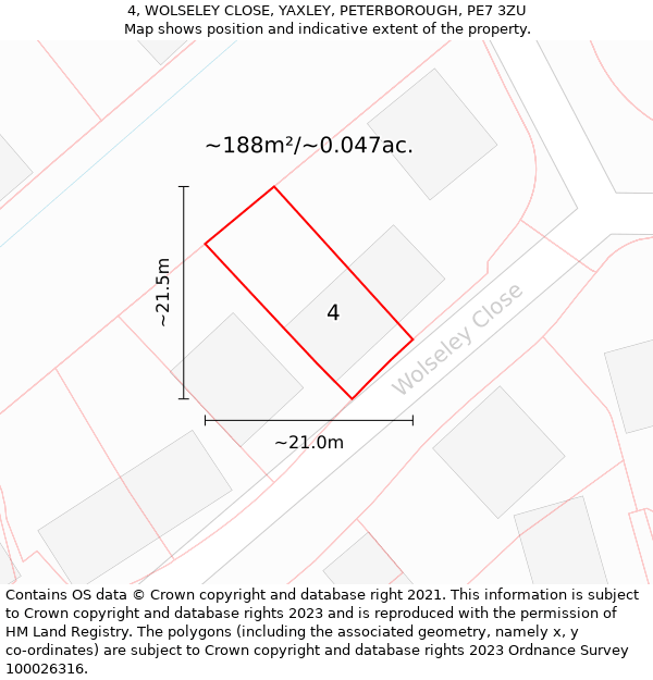 4, WOLSELEY CLOSE, YAXLEY, PETERBOROUGH, PE7 3ZU: Plot and title map