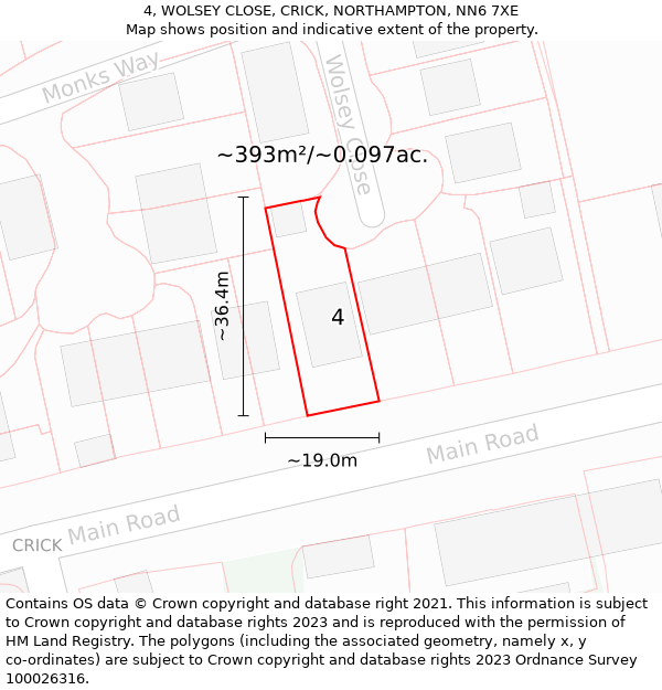 4, WOLSEY CLOSE, CRICK, NORTHAMPTON, NN6 7XE: Plot and title map