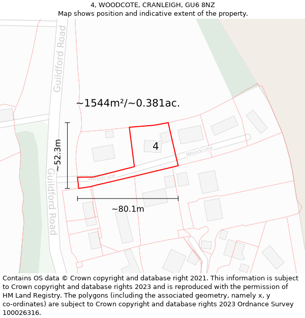 4, WOODCOTE, CRANLEIGH, GU6 8NZ: Plot and title map