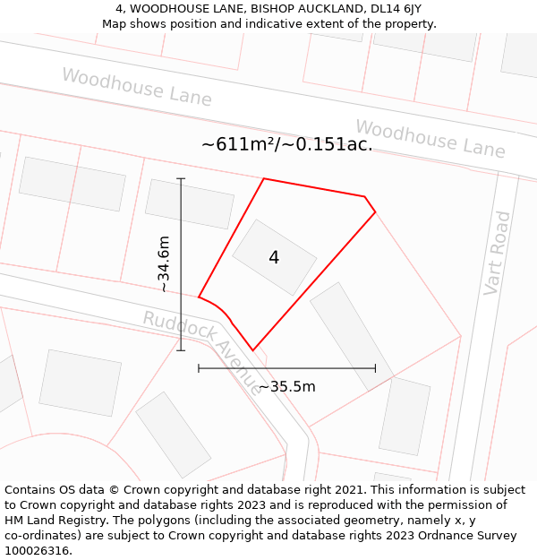 4, WOODHOUSE LANE, BISHOP AUCKLAND, DL14 6JY: Plot and title map