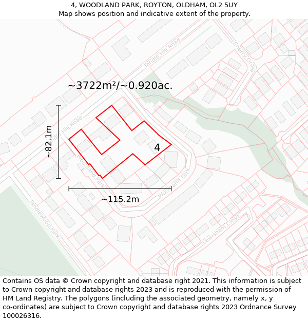 4, WOODLAND PARK, ROYTON, OLDHAM, OL2 5UY: Plot and title map