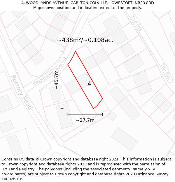 4, WOODLANDS AVENUE, CARLTON COLVILLE, LOWESTOFT, NR33 8BD: Plot and title map